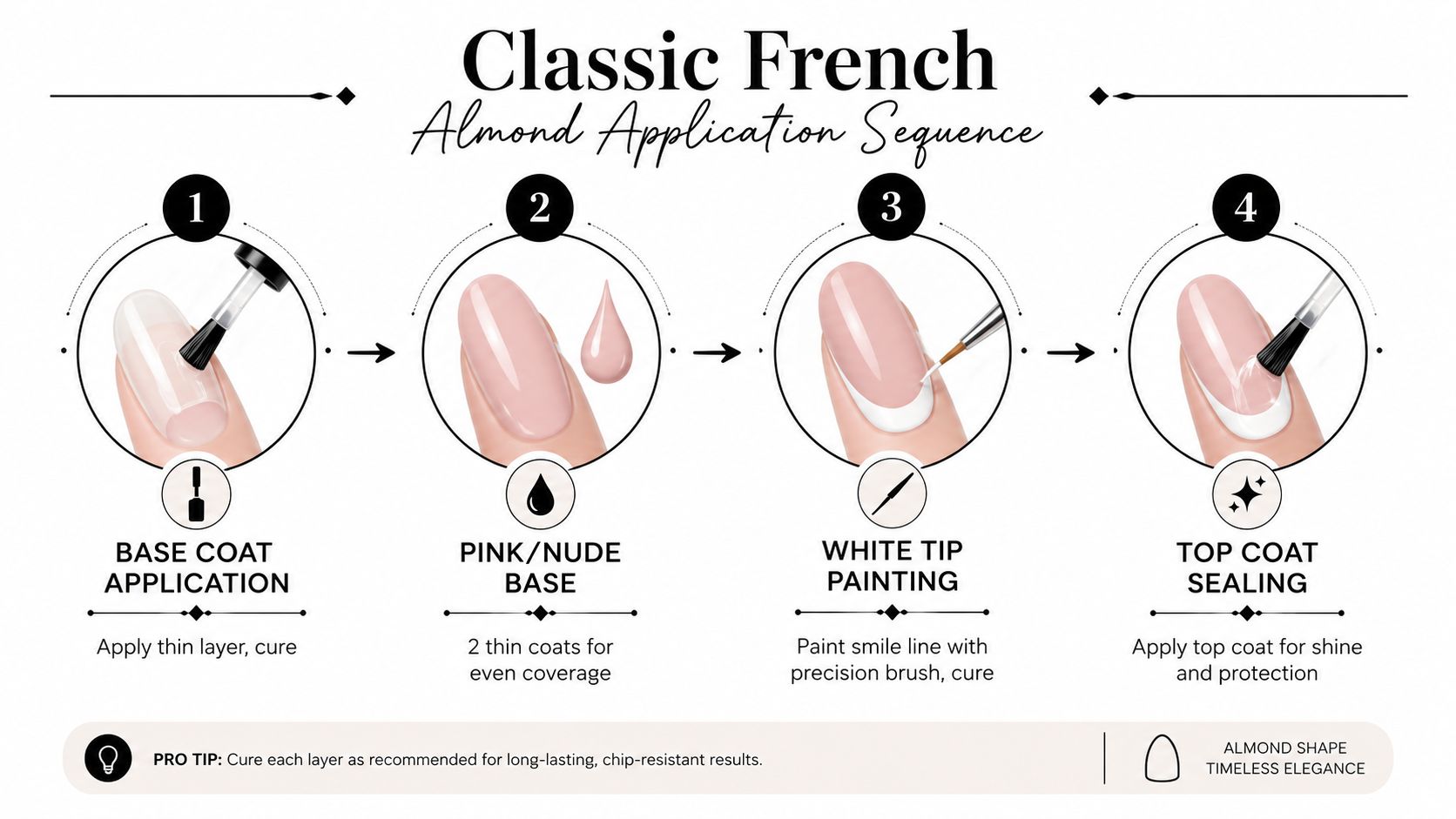An instructional infographic detailing the four-step application process for creating classic French almond-shaped nails.