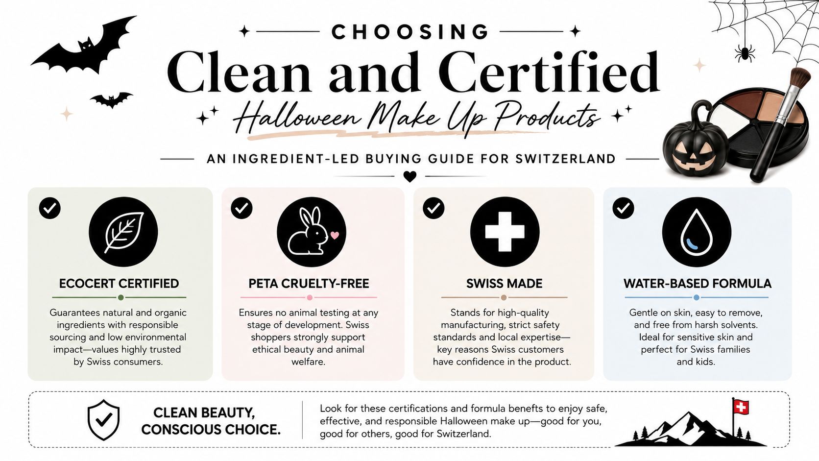 An infographic titled Choosing Clean and Certified Halloween Make Up Products for Switzerland with four key icons.