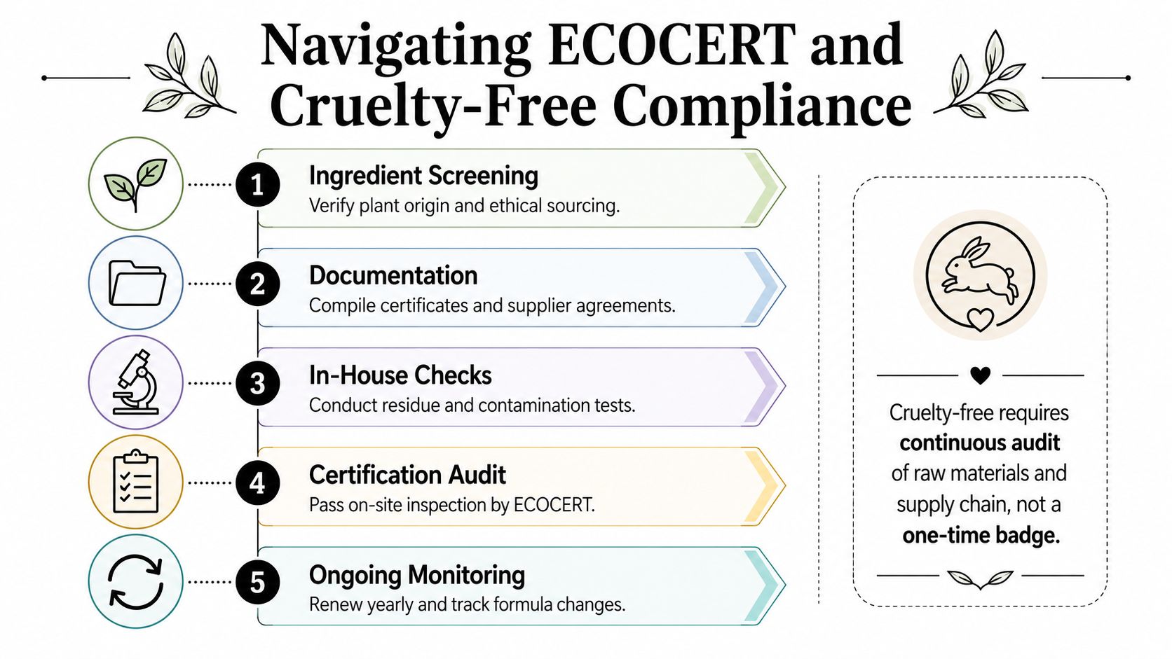 An infographic showing the five-step process for achieving ECOCERT and cruelty-free certification for cosmetic products.