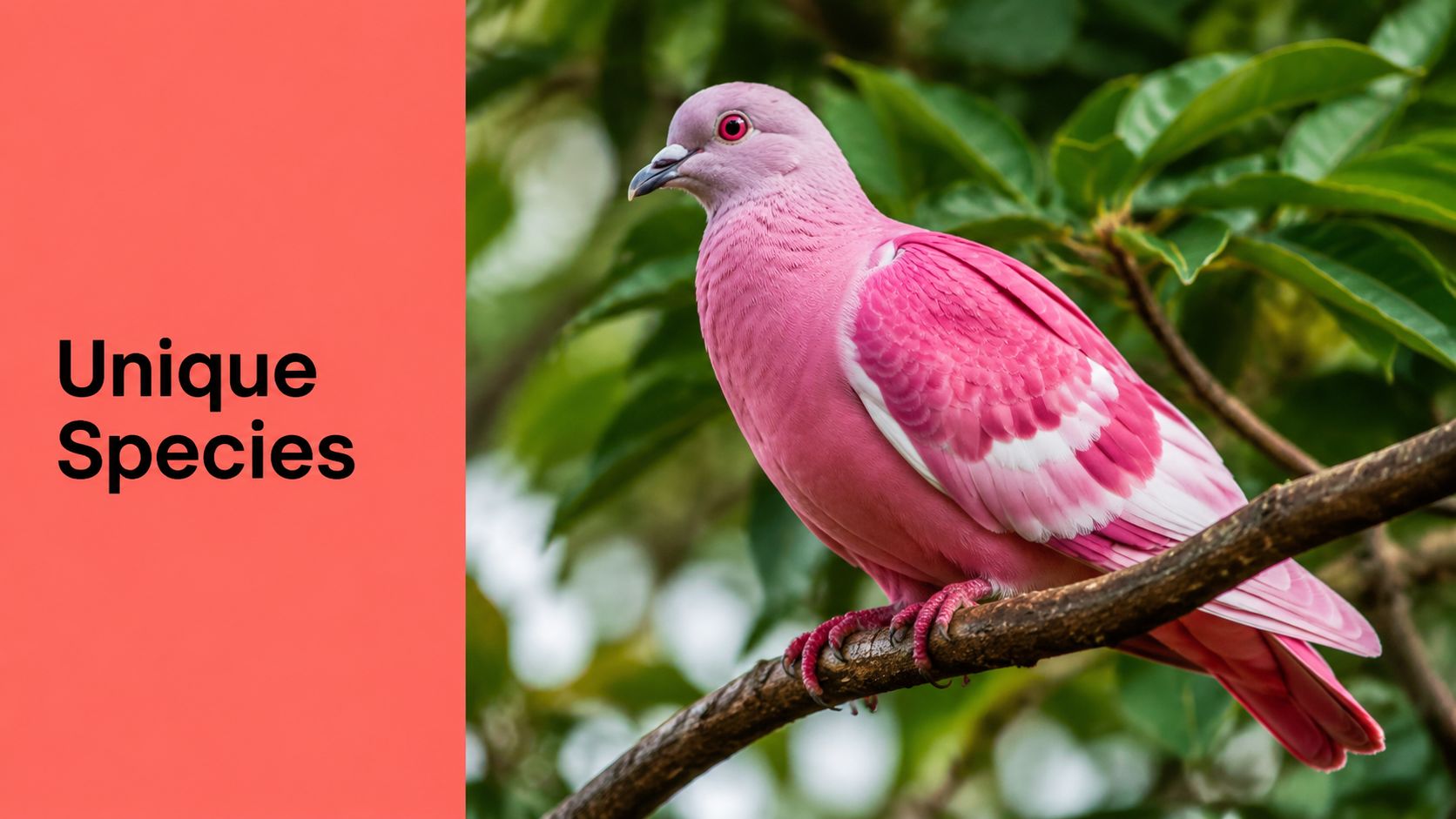 A vibrant pink pigeon perched on a branch, showcasing its unique and striking plumage among green foliage.