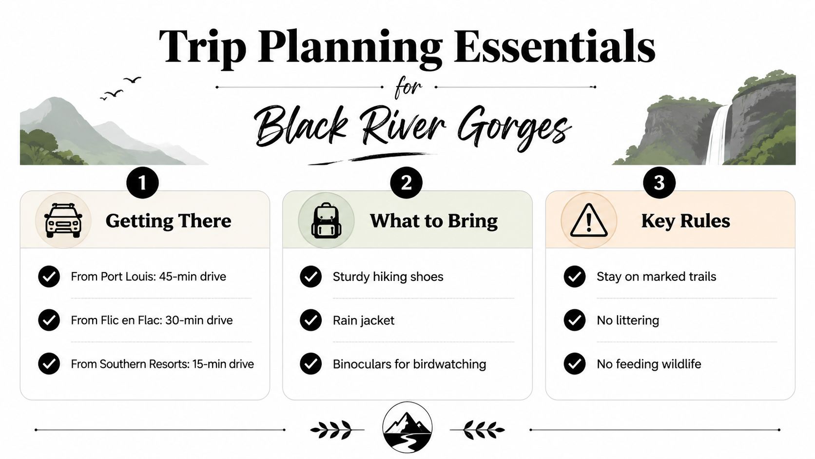 An infographic titled Trip Planning Essentials for Black River Gorges detailing transport times, packing, and park rules.