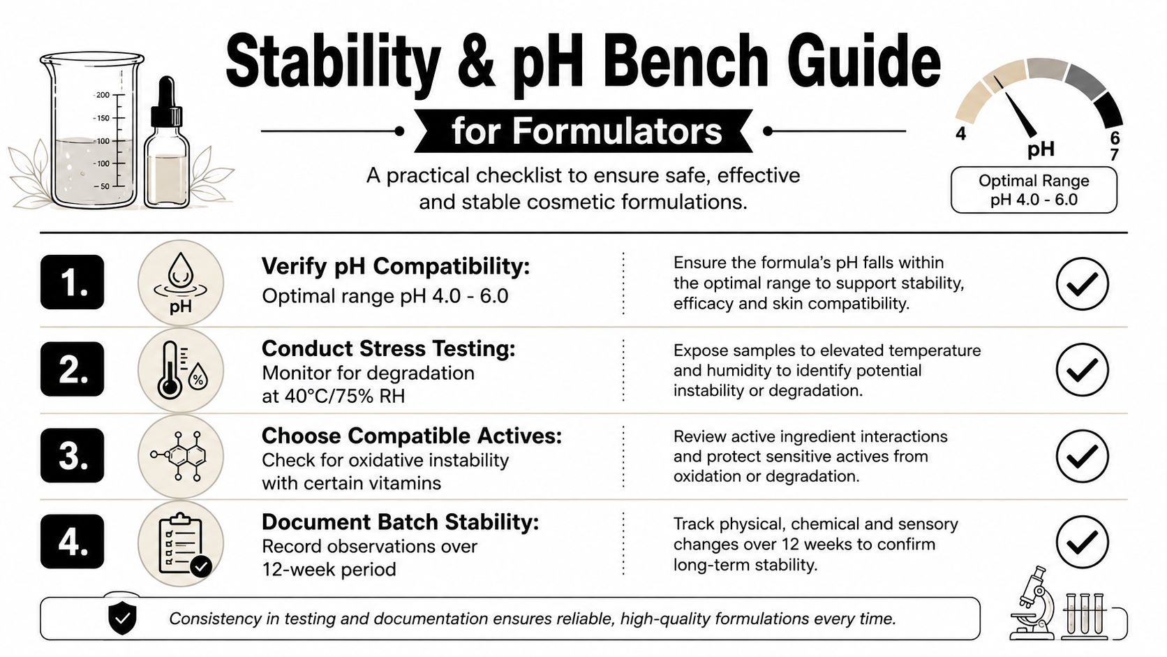 A Stability and pH Bench Guide infographic for cosmetic formulators outlining a four-step stability testing checklist.