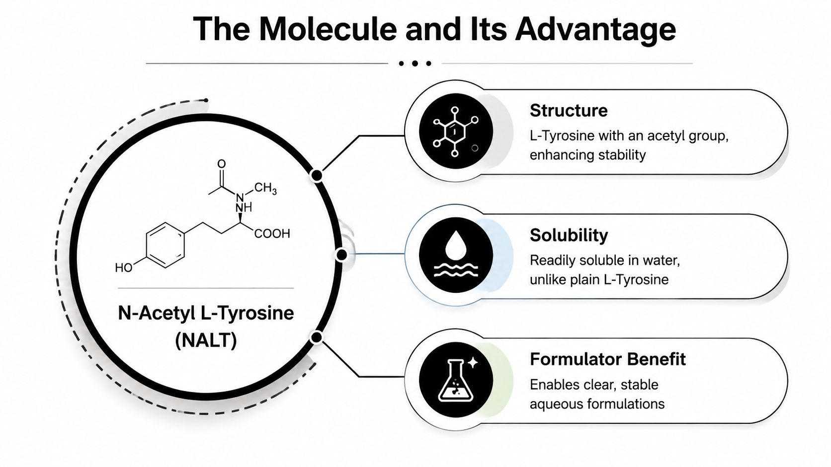 An infographic highlighting the structure, solubility, and benefits of the N-Acetyl L-Tyrosine molecule.