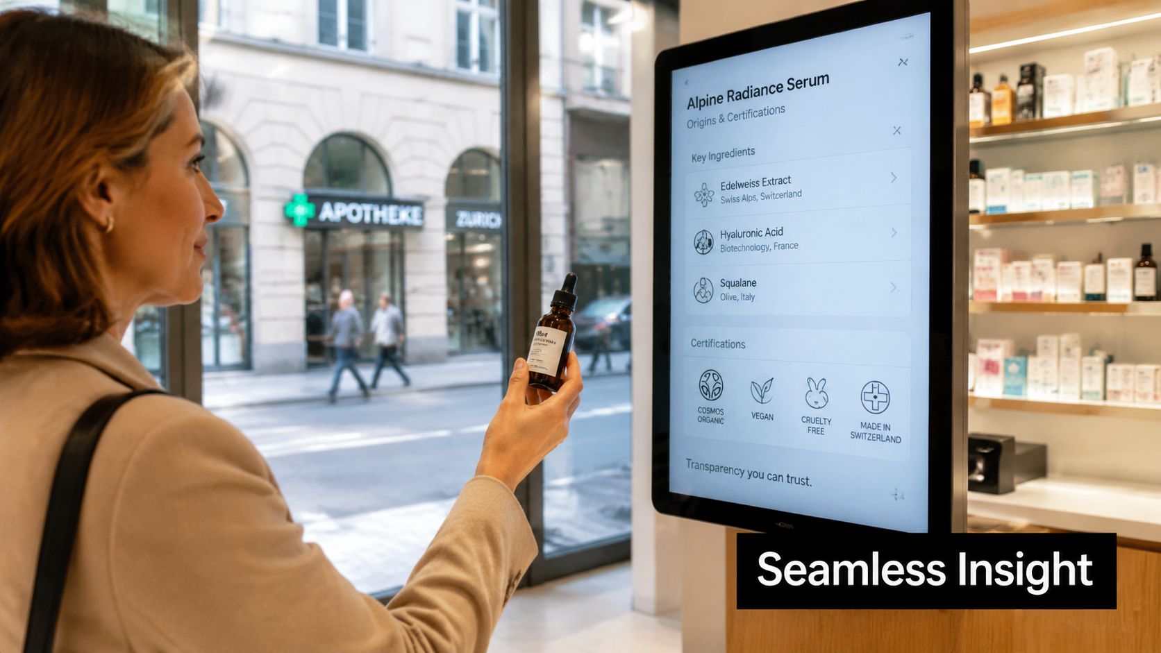 A woman interacting with a digital display providing product information about a natural serum in a pharmacy.