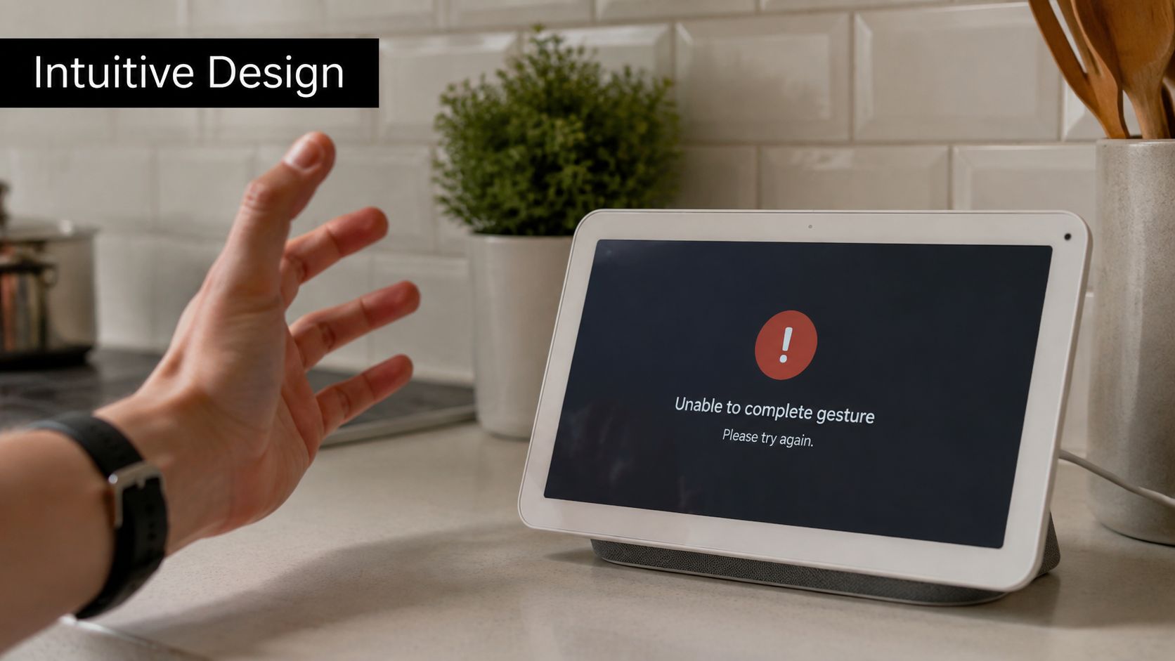 A hand gesturing toward a smart display showing an error message about a failed gesture command.