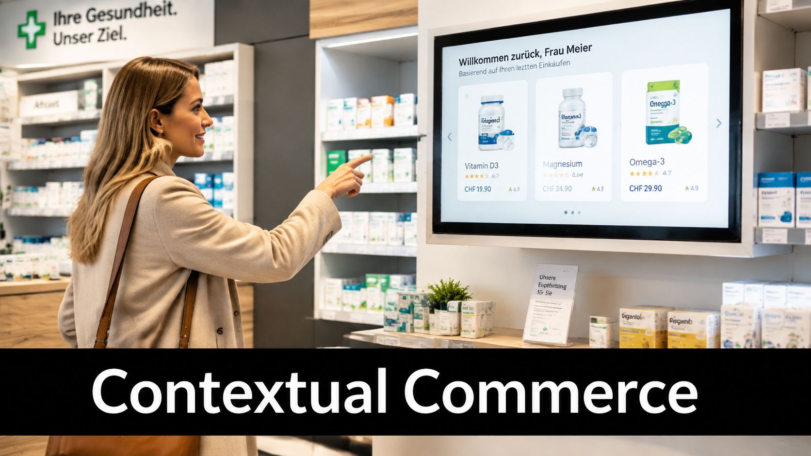 A woman interacting with a digital pharmacy kiosk displaying personalized health product recommendations on a screen.