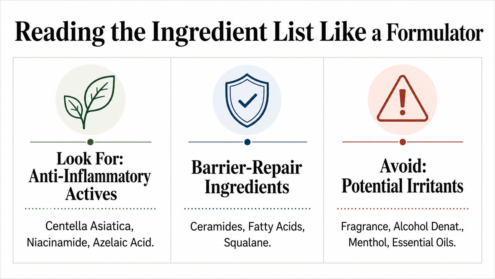 A graphic providing guidance on reading skincare ingredient lists, featuring sections for anti-inflammatory, barrier-repair, and irritant ingredients.