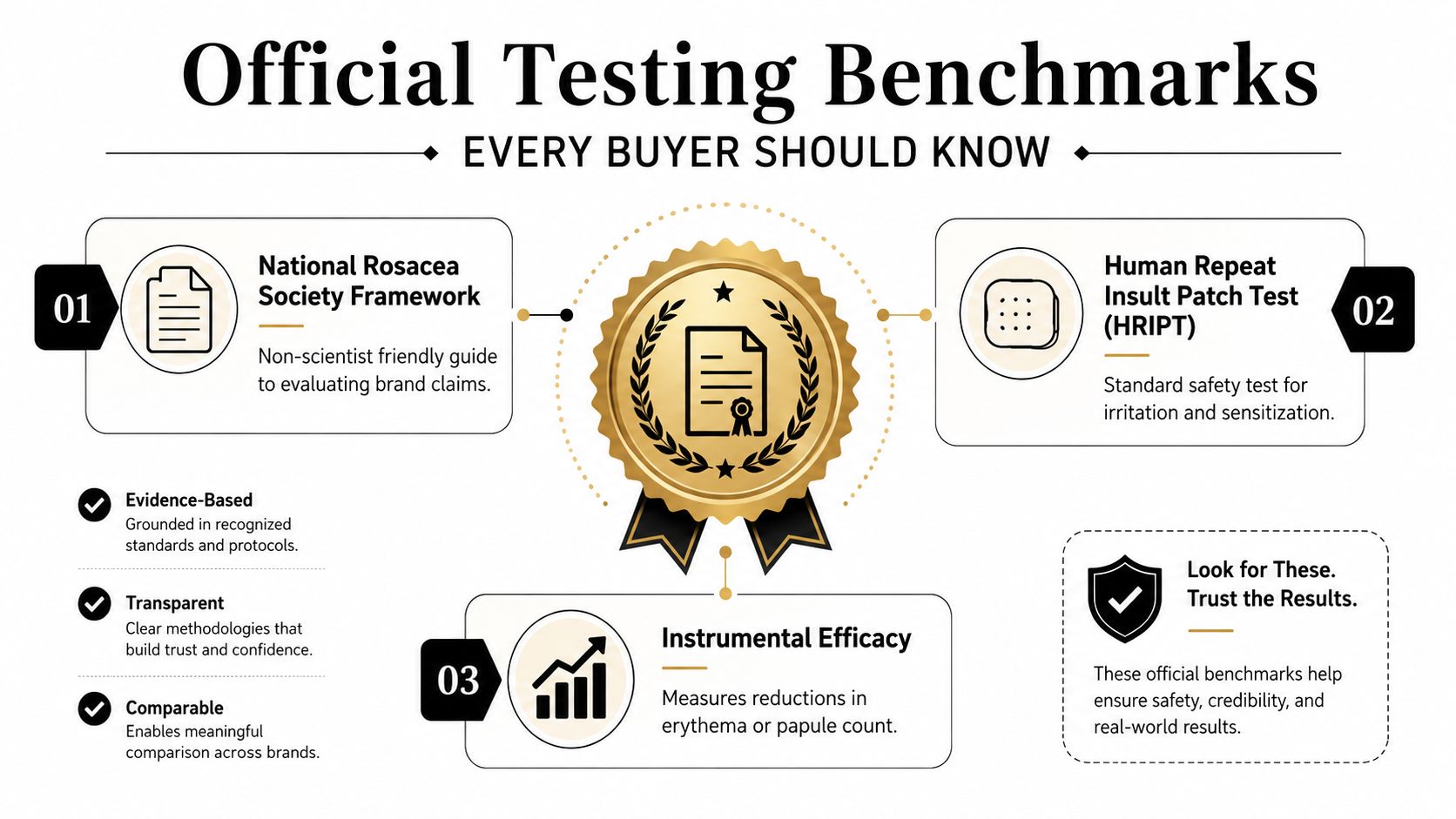 An infographic detailing official testing benchmarks for rosacea products, including safety, efficacy, and evidence-based standards.