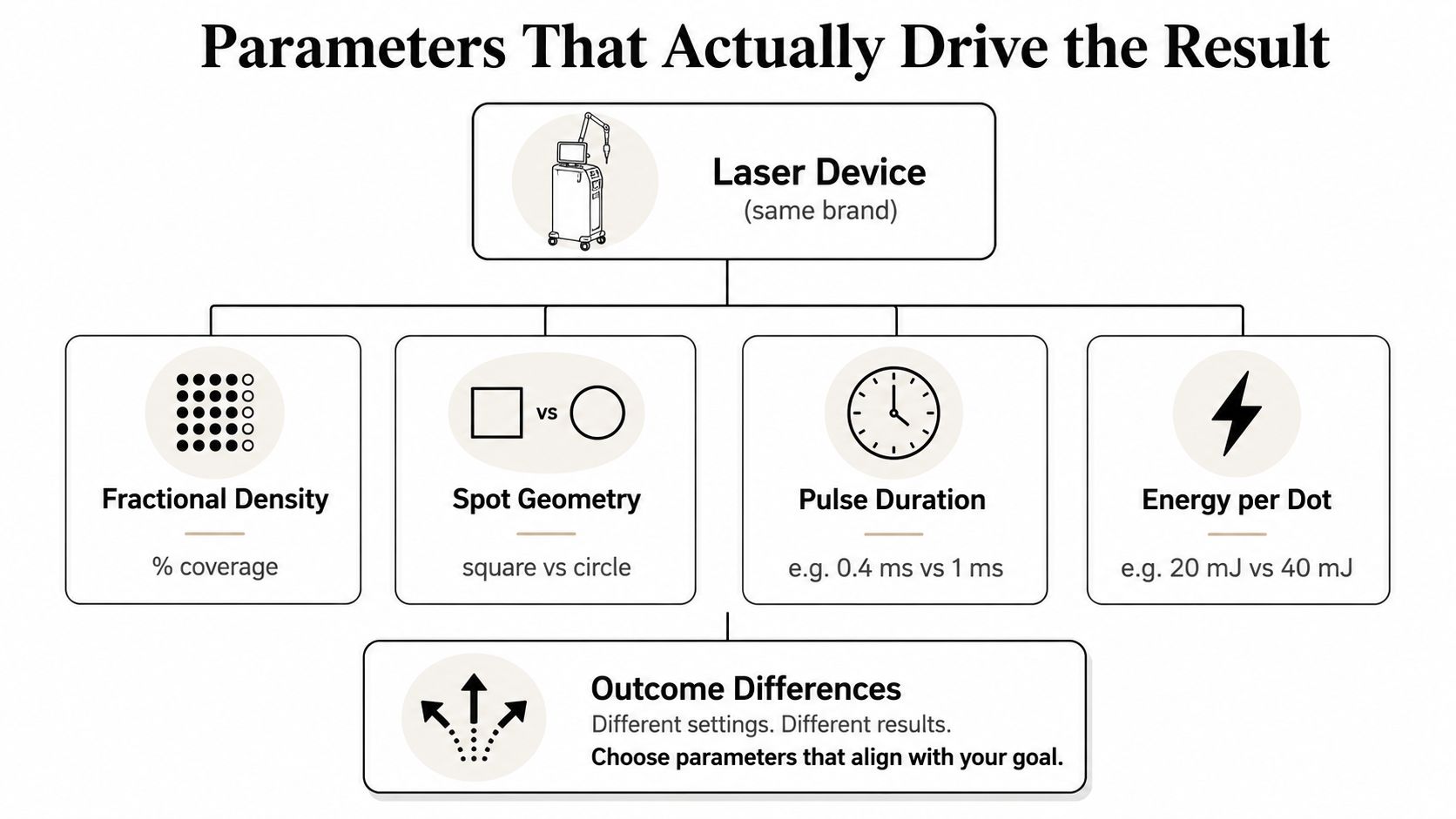 A diagram illustrating the key technical parameters for laser skin resurfacing devices that influence treatment results.