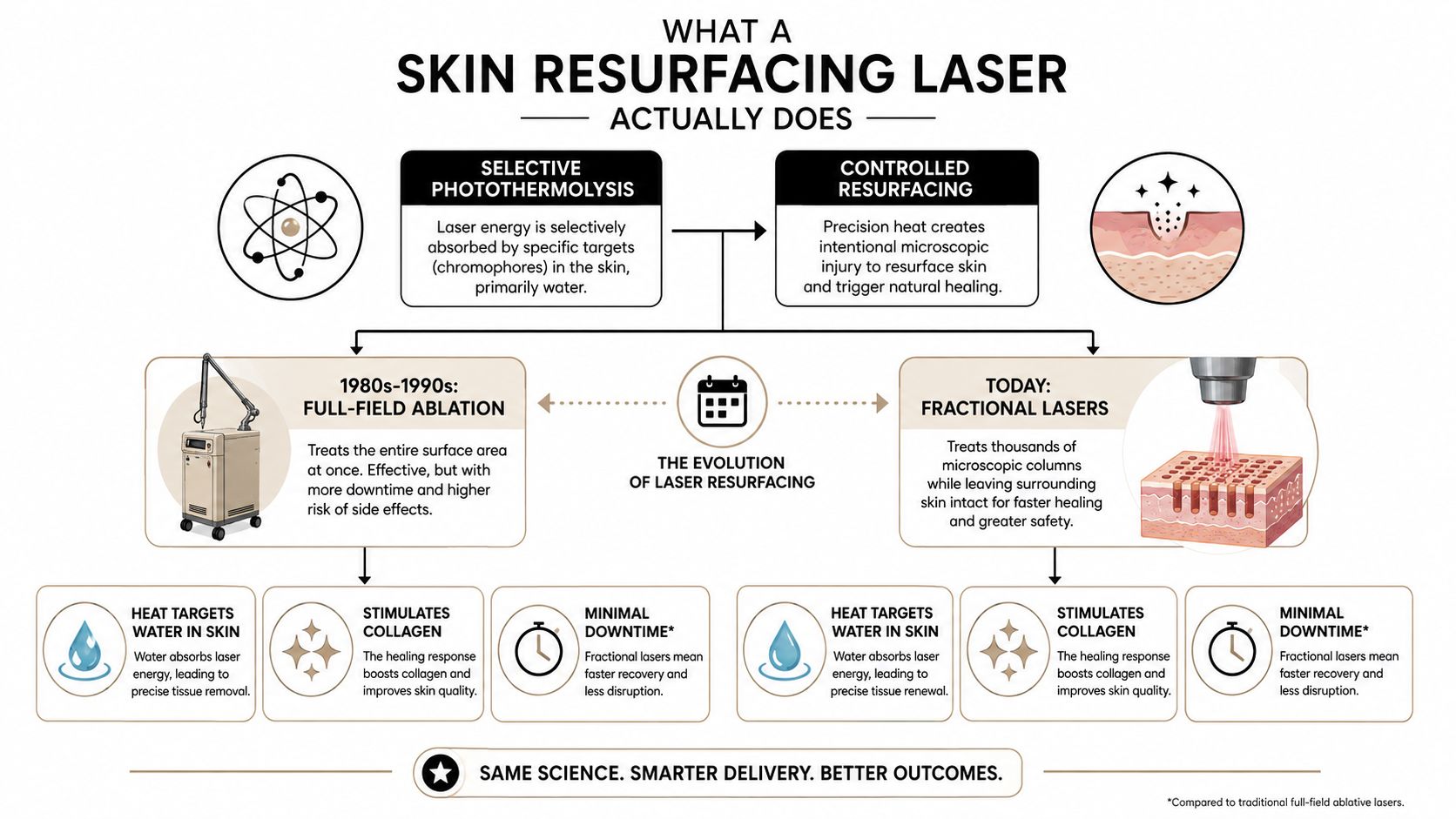 An infographic illustrating how skin resurfacing lasers work by using photothermolysis to stimulate collagen and improve skin.