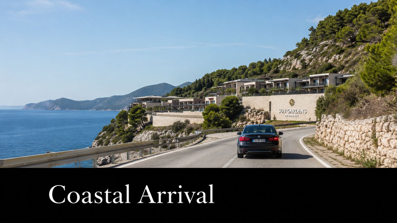 A black sedan driving on a scenic coastal road toward the Sun Gardens Dubrovnik luxury resort hotel.