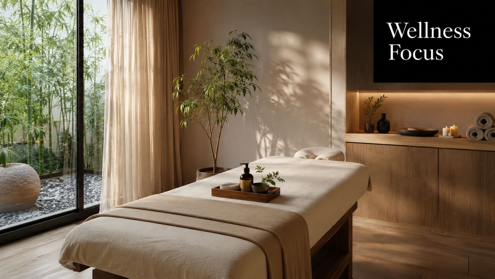 A serene massage room with a treatment table, wooden cabinets, and a view of a bamboo garden.