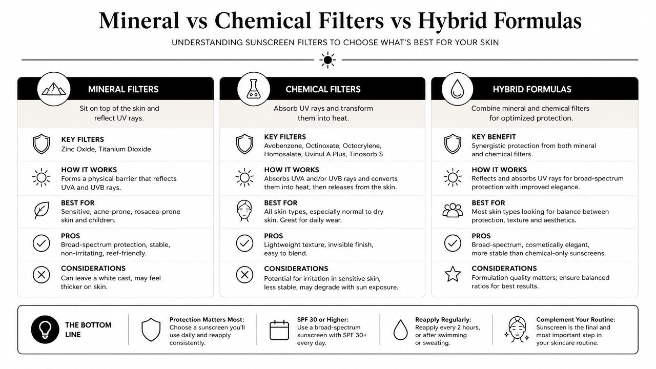 A comparison chart explaining the differences between mineral, chemical, and hybrid sunscreen filters for skincare.