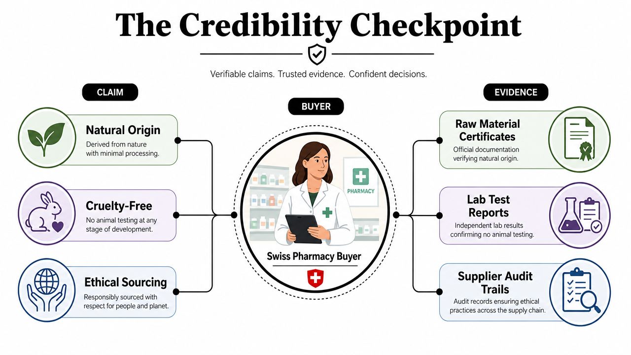 An infographic showing the connection between product claims like natural origin and verified supply chain evidence.