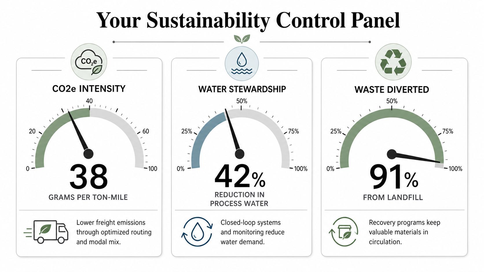A sustainability control panel dashboard showing metrics for CO2e intensity, water stewardship reduction, and waste diverted percentages.