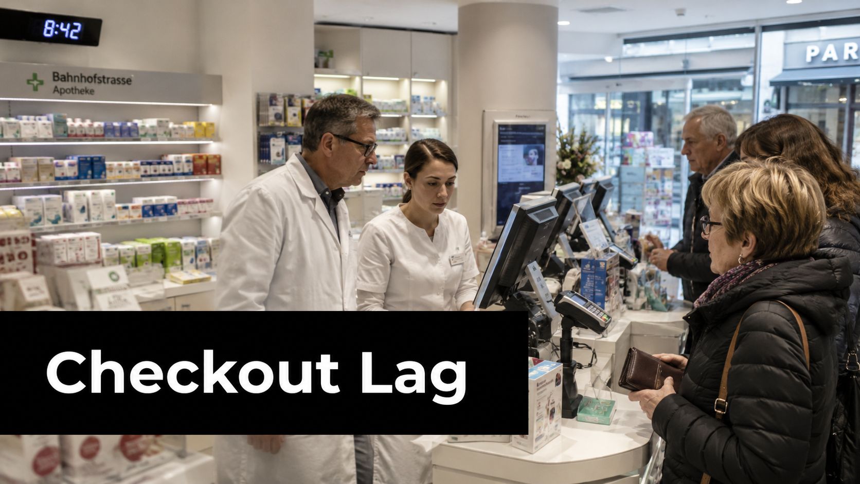 A pharmacist and a pharmacy technician assisting customers at the checkout counter in a modern pharmacy.