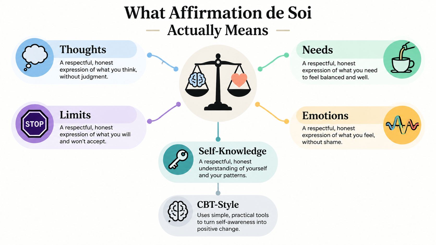 An infographic titled What Affirmation de Soi Actually Means, explaining components like thoughts, needs, limits, and emotions.
