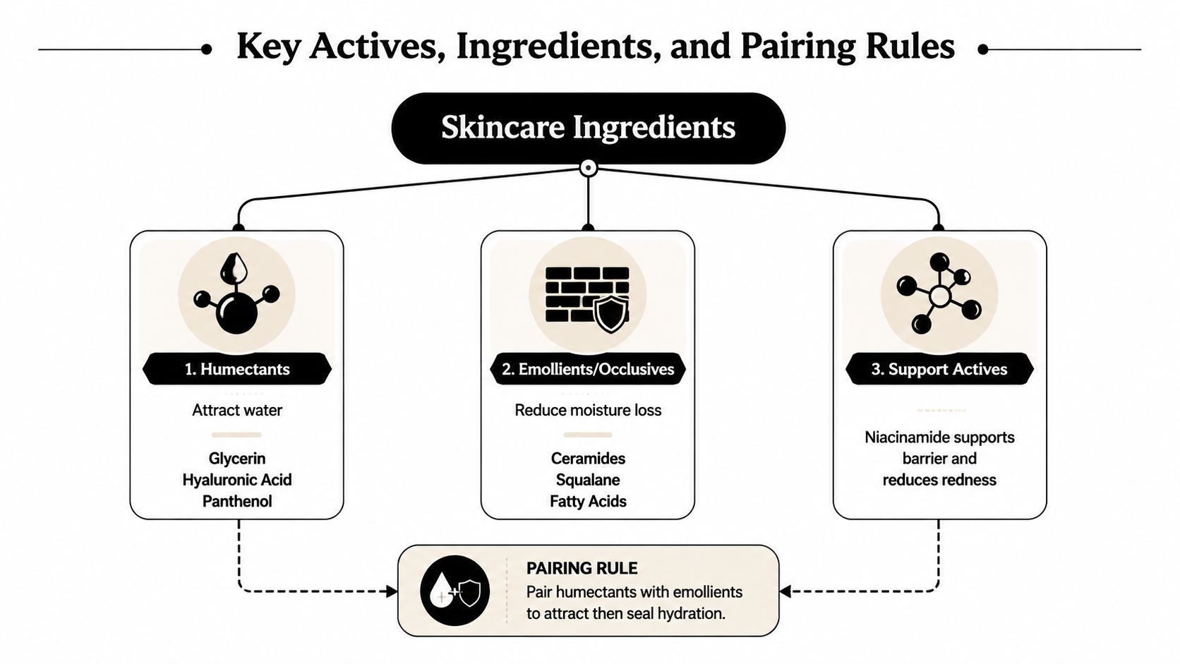An educational infographic explaining skincare ingredients like humectants, emollients, and support actives with pairing rules.
