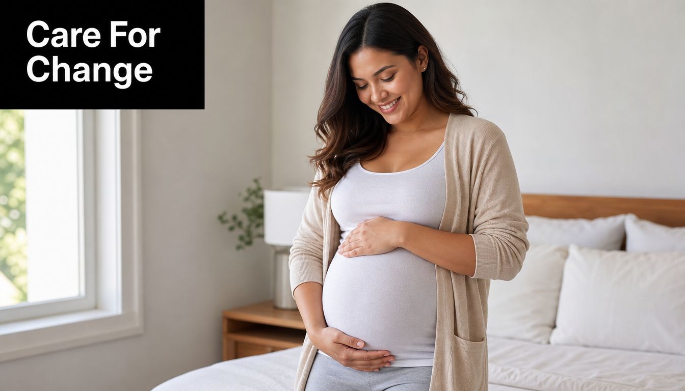 A happy pregnant woman smiling while gently holding and caressing her baby bump in a bright bedroom.